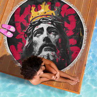 Jesus Graffiti Design Beach Blanket Crowned Portrait and Urban Street Art Style in Red Yellow Black Theme - Wonder Print Shop