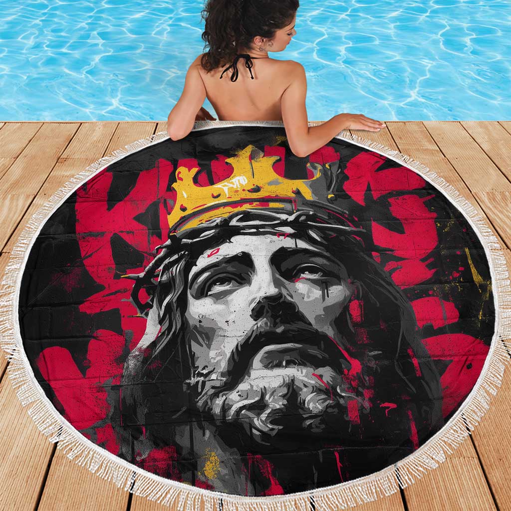 Jesus Graffiti Design Beach Blanket Crowned Portrait and Urban Street Art Style in Red Yellow Black Theme - Wonder Print Shop