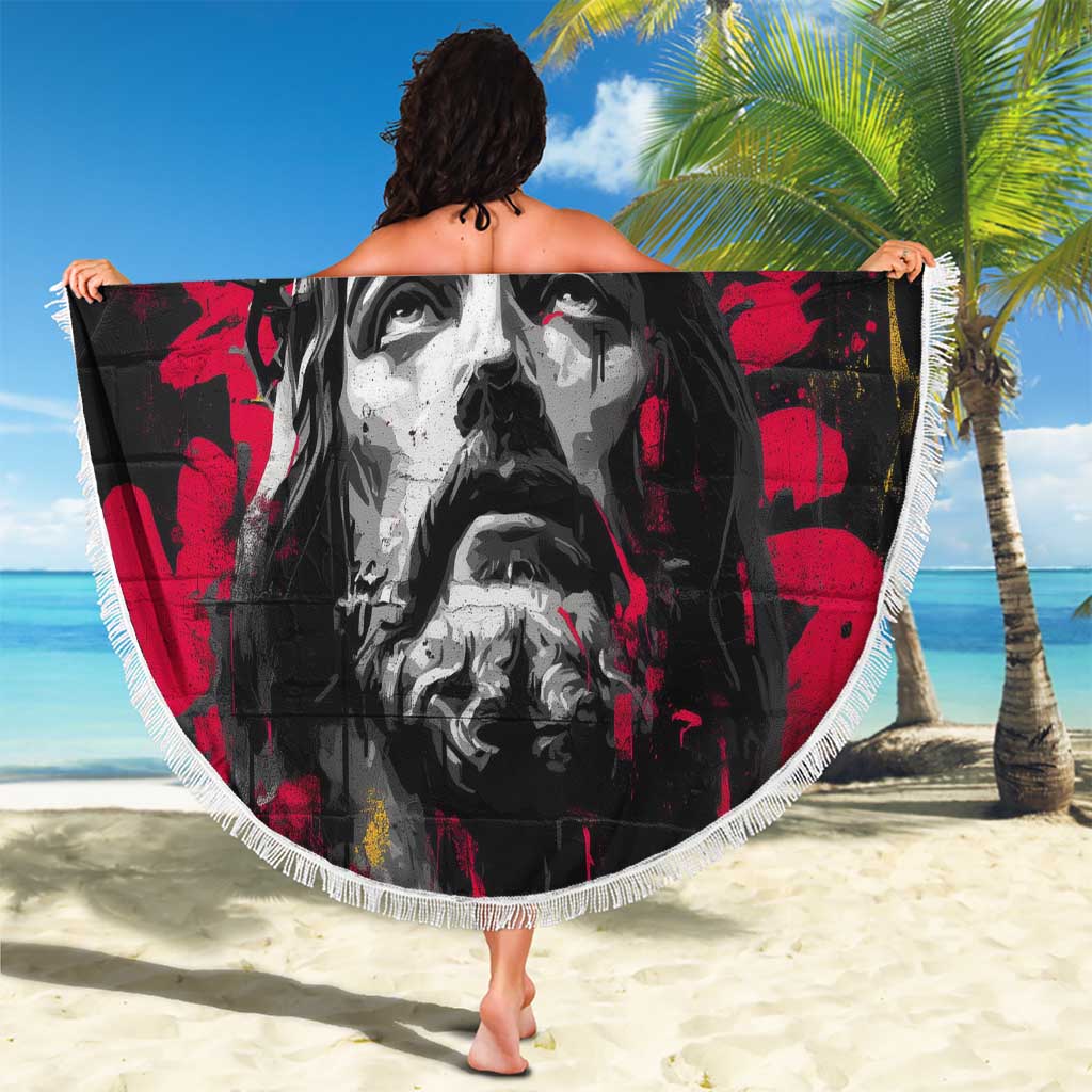 Jesus Graffiti Design Beach Blanket Crowned Portrait and Urban Street Art Style in Red Yellow Black Theme - Wonder Print Shop