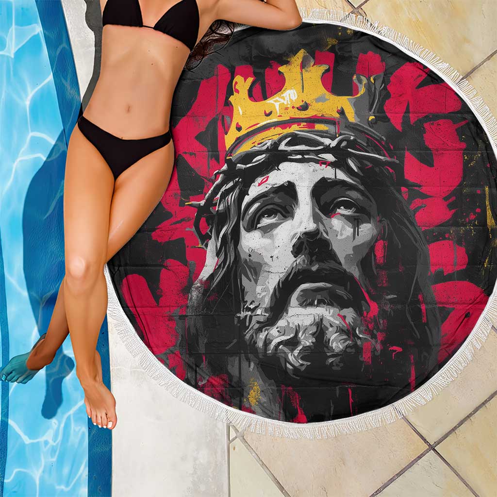 Jesus Graffiti Design Beach Blanket Crowned Portrait and Urban Street Art Style in Red Yellow Black Theme - Wonder Print Shop