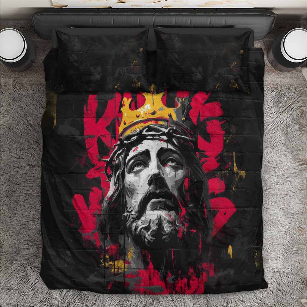 Jesus Graffiti Design Bedding Set Crowned Portrait and Urban Street Art Style in Red Yellow Black Theme - Wonder Print Shop
