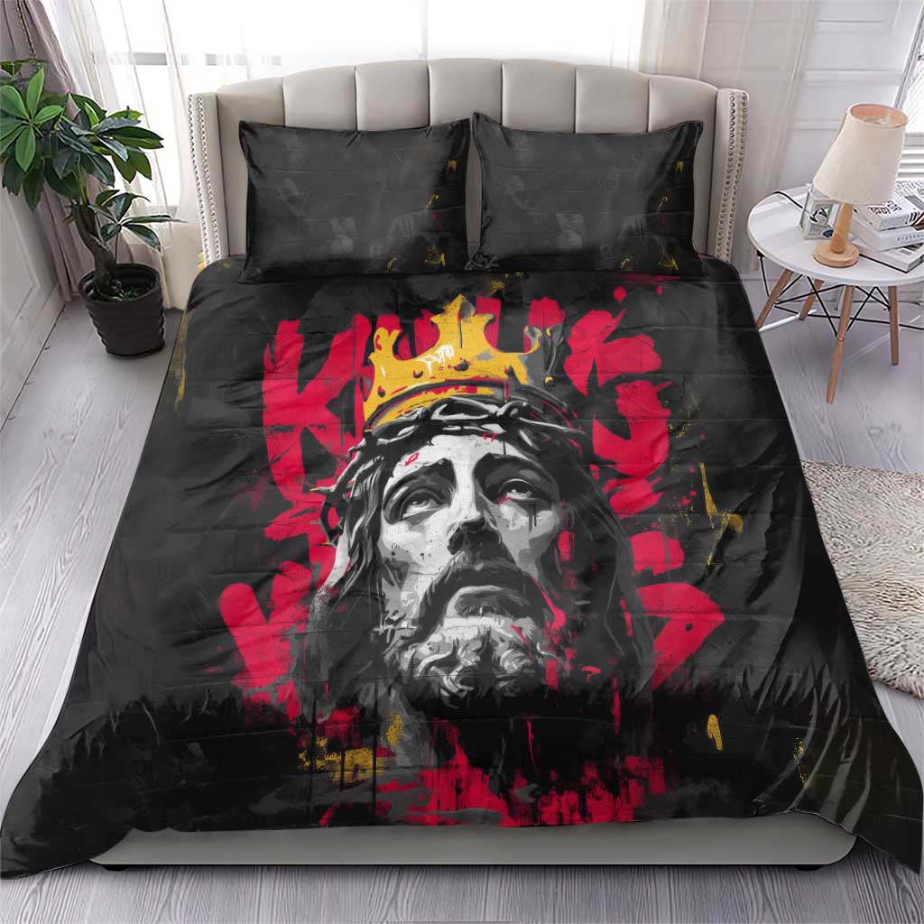 Jesus Graffiti Design Bedding Set Crowned Portrait and Urban Street Art Style in Red Yellow Black Theme - Wonder Print Shop