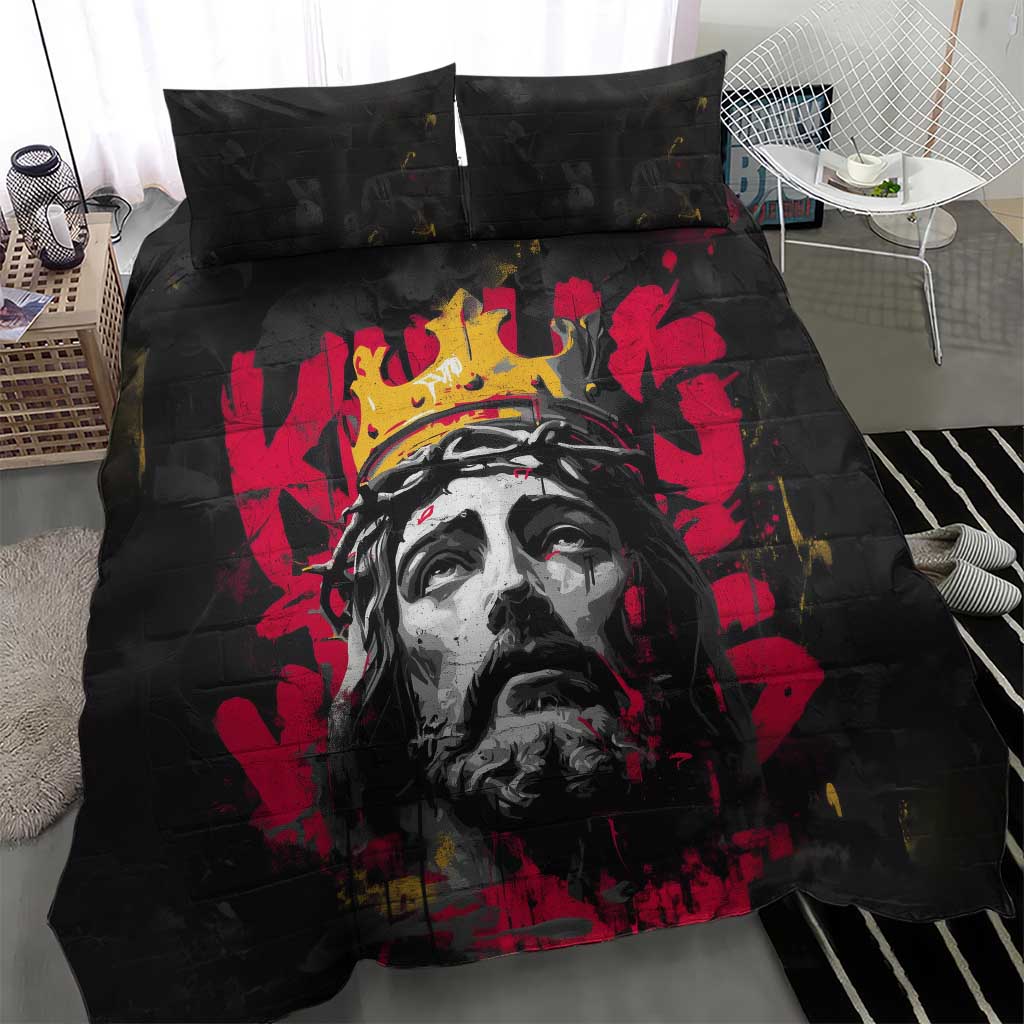 Jesus Graffiti Design Bedding Set Crowned Portrait and Urban Street Art Style in Red Yellow Black Theme - Wonder Print Shop