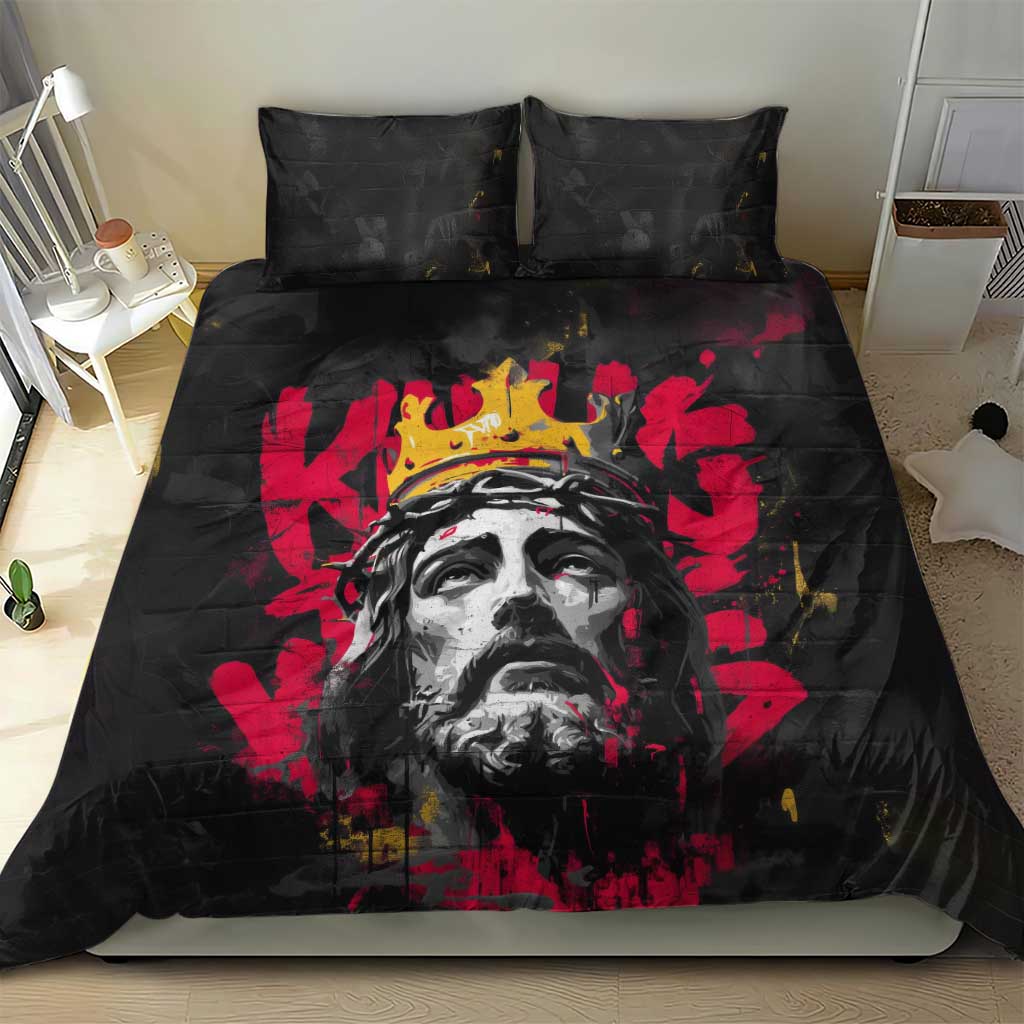 Jesus Graffiti Design Bedding Set Crowned Portrait and Urban Street Art Style in Red Yellow Black Theme - Wonder Print Shop