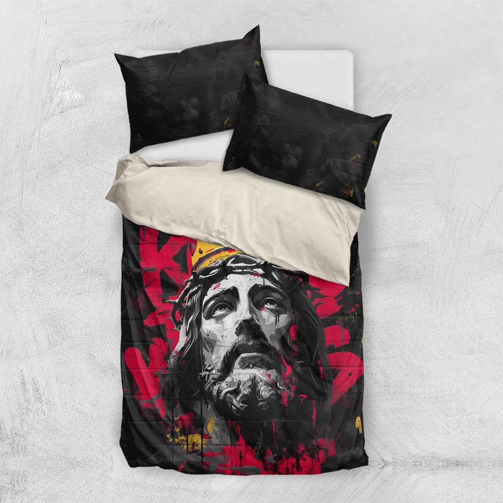 Jesus Graffiti Design Bedding Set Crowned Portrait and Urban Street Art Style in Red Yellow Black Theme - Wonder Print Shop