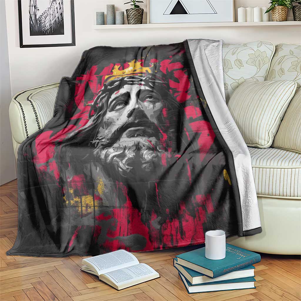 Jesus Graffiti Design Blanket Crowned Portrait and Urban Street Art Style in Red Yellow Black Theme - Wonder Print Shop