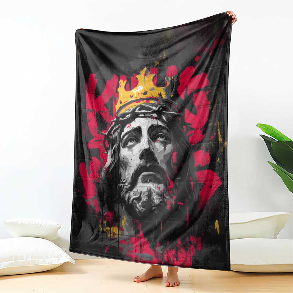 Jesus Graffiti Design Blanket Crowned Portrait and Urban Street Art Style in Red Yellow Black Theme - Wonder Print Shop