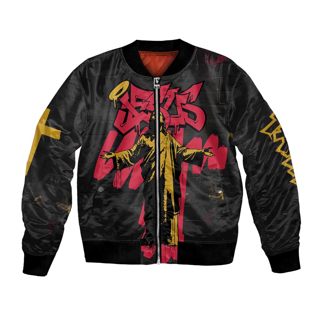 Jesus Graffiti Design Bomber Jacket Crowned Portrait and Urban Street Art Style in Red Yellow Black Theme - Wonder Print Shop