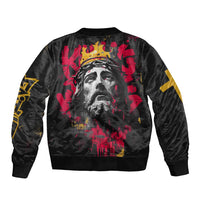 Jesus Graffiti Design Bomber Jacket Crowned Portrait and Urban Street Art Style in Red Yellow Black Theme - Wonder Print Shop
