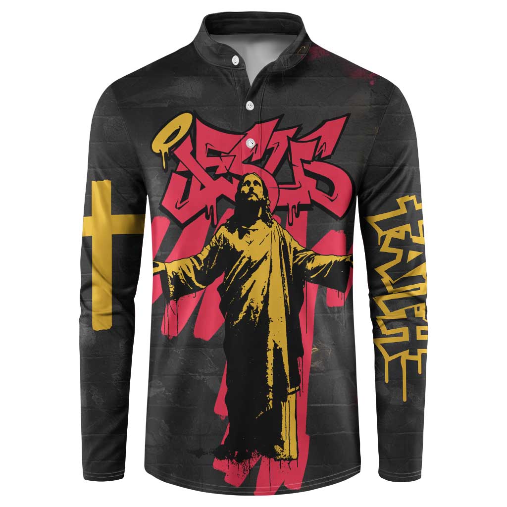 Jesus Graffiti Design Button Sweatshirt Crowned Portrait and Urban Street Art Style in Red Yellow Black Theme - Wonder Print Shop