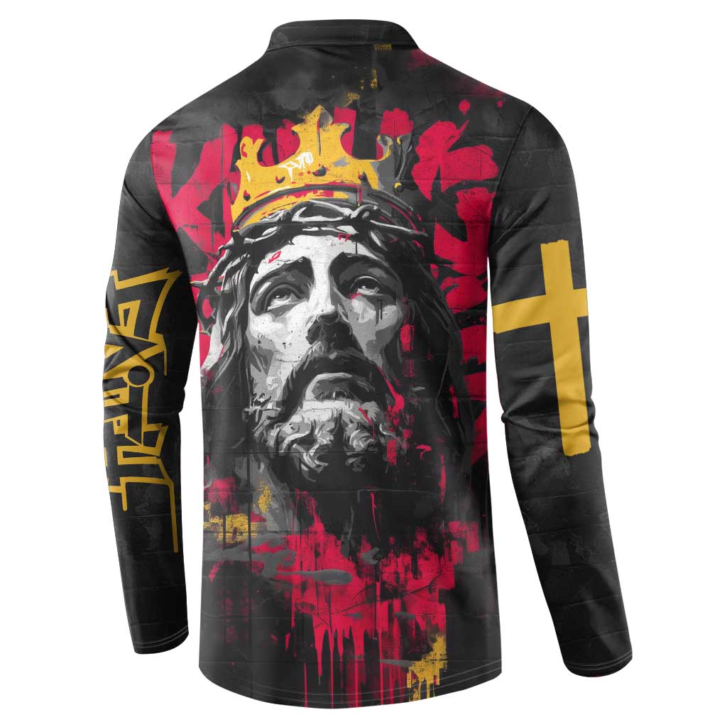 Jesus Graffiti Design Button Sweatshirt Crowned Portrait and Urban Street Art Style in Red Yellow Black Theme - Wonder Print Shop