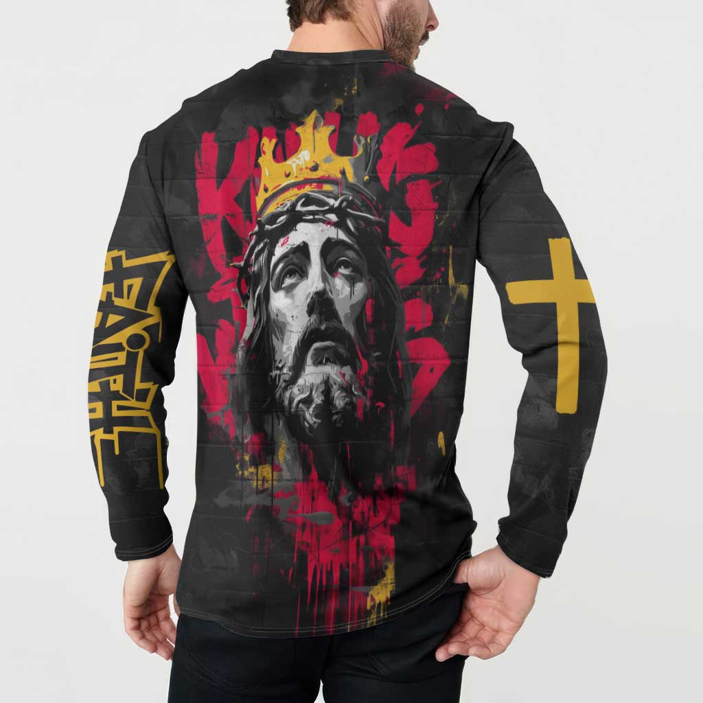 Jesus Graffiti Design Button Sweatshirt Crowned Portrait and Urban Street Art Style in Red Yellow Black Theme - Wonder Print Shop