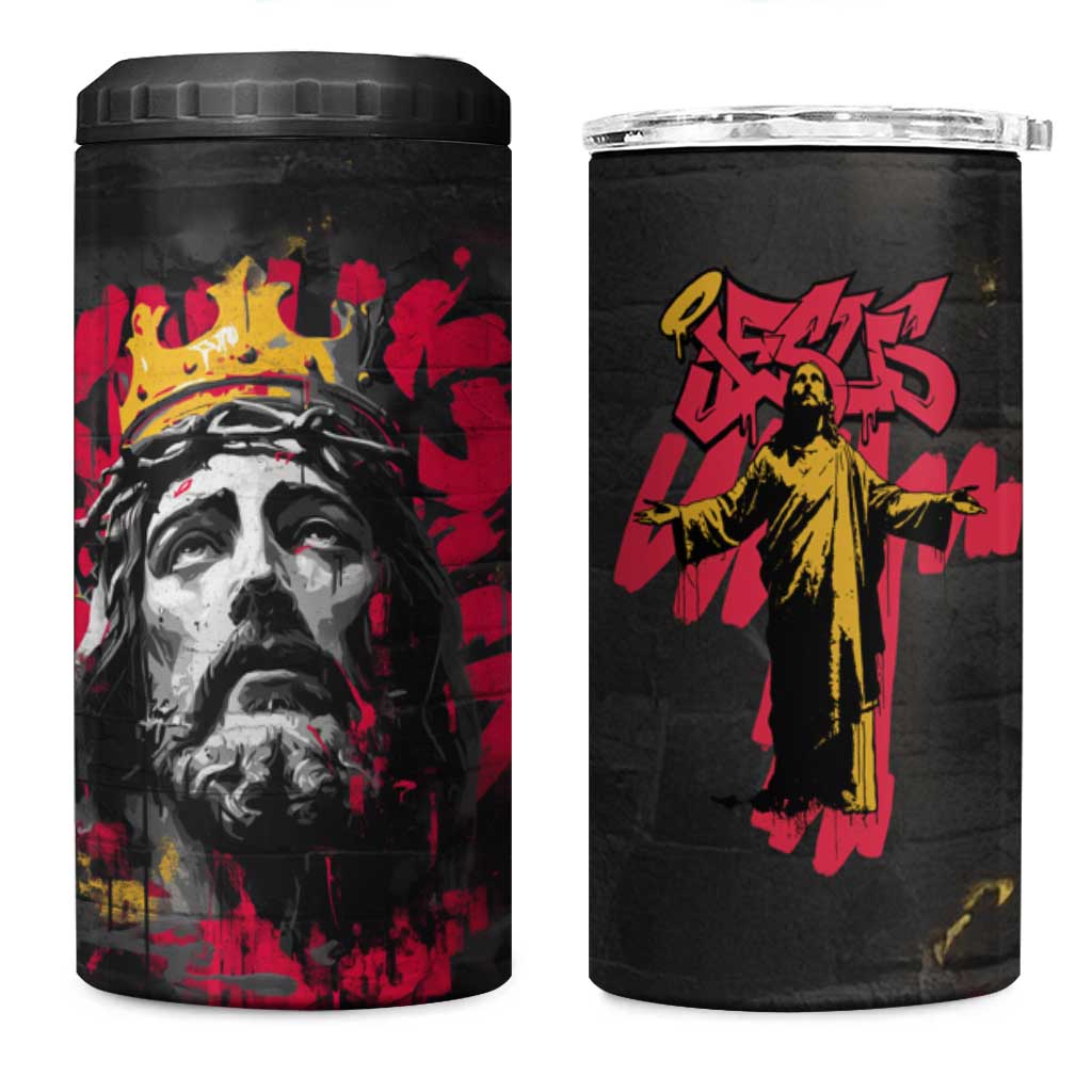 Jesus Graffiti Design 4 in 1 Can Cooler Tumbler Crowned Portrait and Urban Street Art Style in Red Yellow Black Theme - Wonder Print Shop