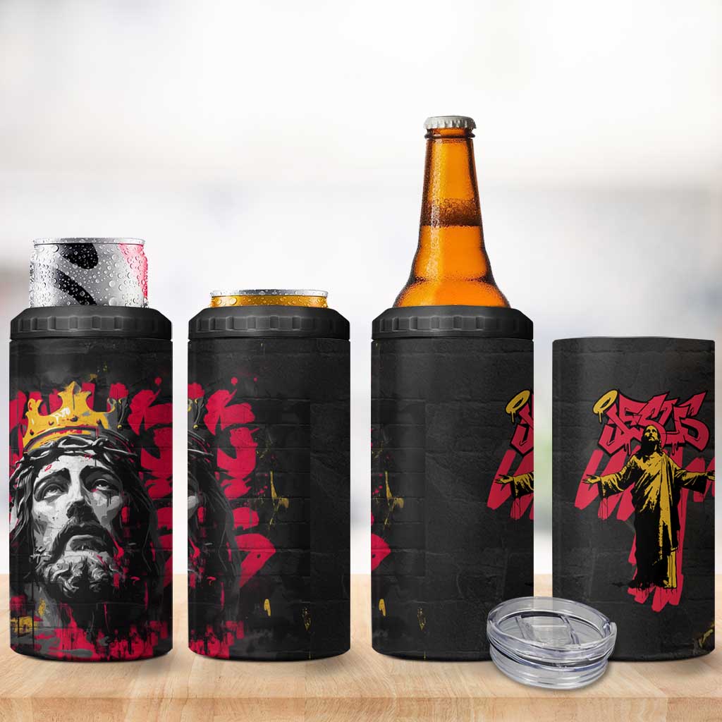 Jesus Graffiti Design 4 in 1 Can Cooler Tumbler Crowned Portrait and Urban Street Art Style in Red Yellow Black Theme - Wonder Print Shop