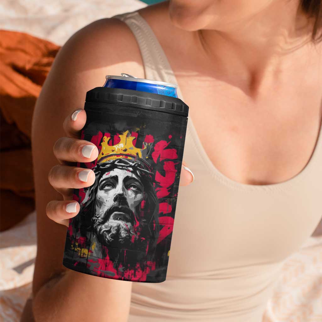 Jesus Graffiti Design 4 in 1 Can Cooler Tumbler Crowned Portrait and Urban Street Art Style in Red Yellow Black Theme - Wonder Print Shop