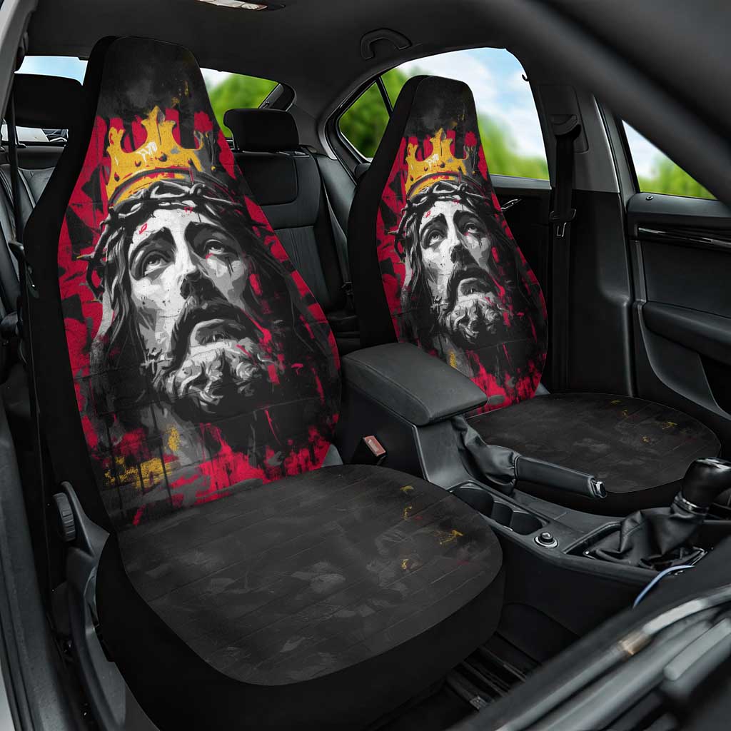 Jesus Graffiti Design Car Seat Cover Crowned Portrait and Urban Street Art Style in Red Yellow Black Theme - Wonder Print Shop