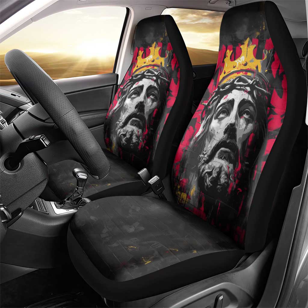Jesus Graffiti Design Car Seat Cover Crowned Portrait and Urban Street Art Style in Red Yellow Black Theme - Wonder Print Shop