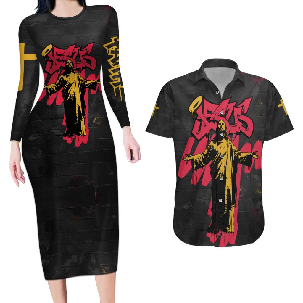 Jesus Graffiti Design Couples Matching Long Sleeve Bodycon Dress and Hawaiian Shirt Crowned Portrait and Urban Street Art Style in Red Yellow Black Theme - Wonder Print Shop