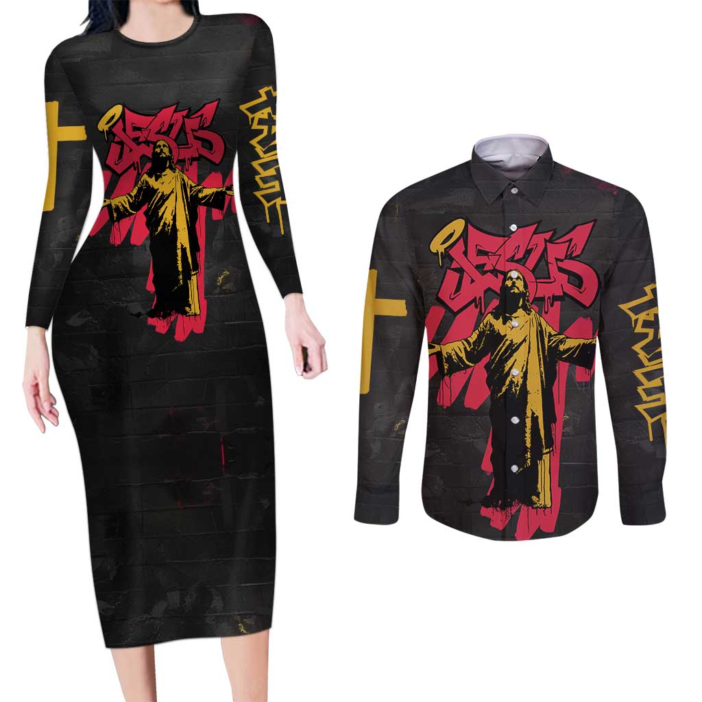 Jesus Graffiti Design Couples Matching Long Sleeve Bodycon Dress and Long Sleeve Button Shirt Crowned Portrait and Urban Street Art Style in Red Yellow Black Theme - Wonder Print Shop