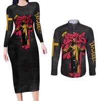 Jesus Graffiti Design Couples Matching Long Sleeve Bodycon Dress and Long Sleeve Button Shirt Crowned Portrait and Urban Street Art Style in Red Yellow Black Theme - Wonder Print Shop