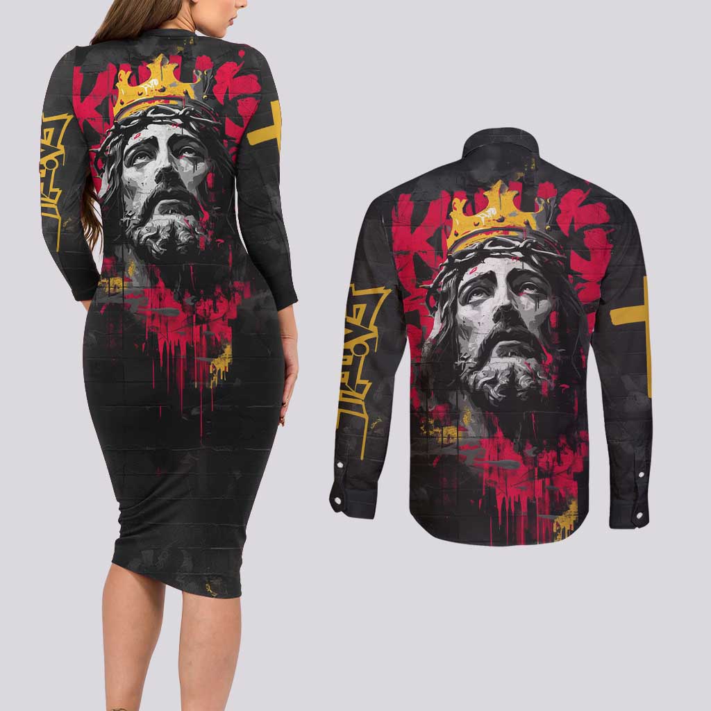 Jesus Graffiti Design Couples Matching Long Sleeve Bodycon Dress and Long Sleeve Button Shirt Crowned Portrait and Urban Street Art Style in Red Yellow Black Theme - Wonder Print Shop