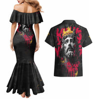 Jesus Graffiti Design Couples Matching Mermaid Dress and Hawaiian Shirt Crowned Portrait and Urban Street Art Style in Red Yellow Black Theme - Wonder Print Shop