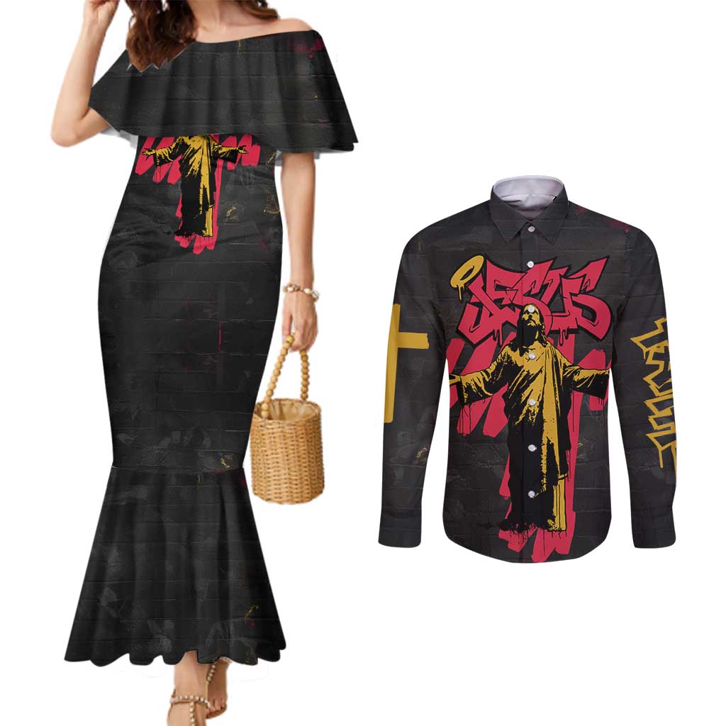 Jesus Graffiti Design Couples Matching Mermaid Dress and Long Sleeve Button Shirt Crowned Portrait and Urban Street Art Style in Red Yellow Black Theme - Wonder Print Shop