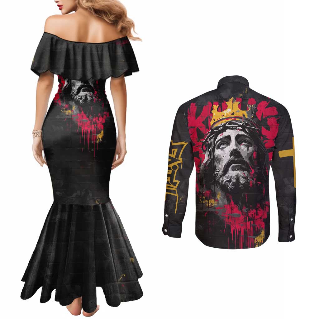 Jesus Graffiti Design Couples Matching Mermaid Dress and Long Sleeve Button Shirt Crowned Portrait and Urban Street Art Style in Red Yellow Black Theme - Wonder Print Shop