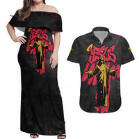 Jesus Graffiti Design Couples Matching Off Shoulder Maxi Dress and Hawaiian Shirt Crowned Portrait and Urban Street Art Style in Red Yellow Black Theme - Wonder Print Shop