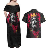 Jesus Graffiti Design Couples Matching Off Shoulder Maxi Dress and Hawaiian Shirt Crowned Portrait and Urban Street Art Style in Red Yellow Black Theme - Wonder Print Shop