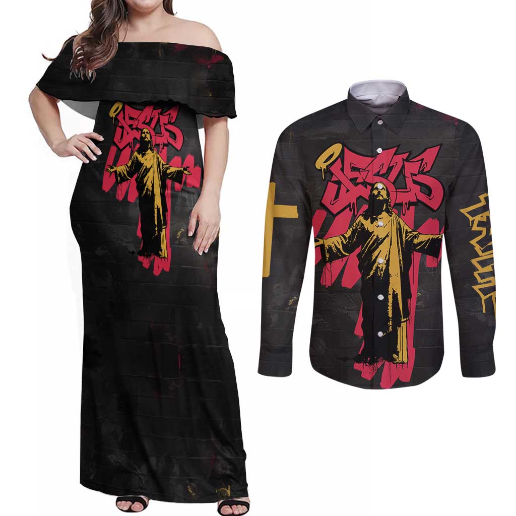 Jesus Graffiti Design Couples Matching Off Shoulder Maxi Dress and Long Sleeve Button Shirt Crowned Portrait and Urban Street Art Style in Red Yellow Black Theme - Wonder Print Shop