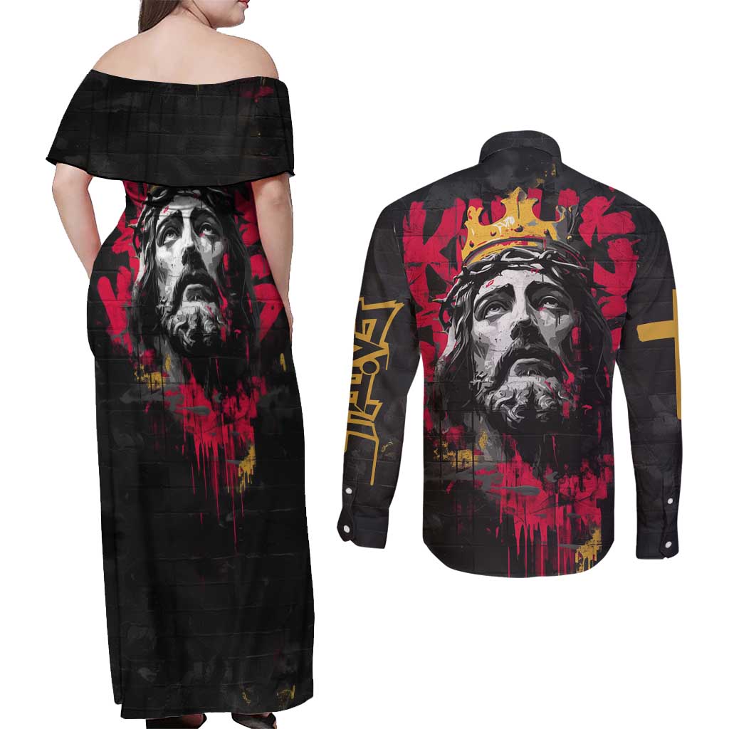Jesus Graffiti Design Couples Matching Off Shoulder Maxi Dress and Long Sleeve Button Shirt Crowned Portrait and Urban Street Art Style in Red Yellow Black Theme - Wonder Print Shop