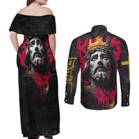 Jesus Graffiti Design Couples Matching Off Shoulder Maxi Dress and Long Sleeve Button Shirt Crowned Portrait and Urban Street Art Style in Red Yellow Black Theme - Wonder Print Shop