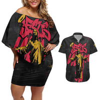 Jesus Graffiti Design Couples Matching Off Shoulder Short Dress and Hawaiian Shirt Crowned Portrait and Urban Street Art Style in Red Yellow Black Theme - Wonder Print Shop