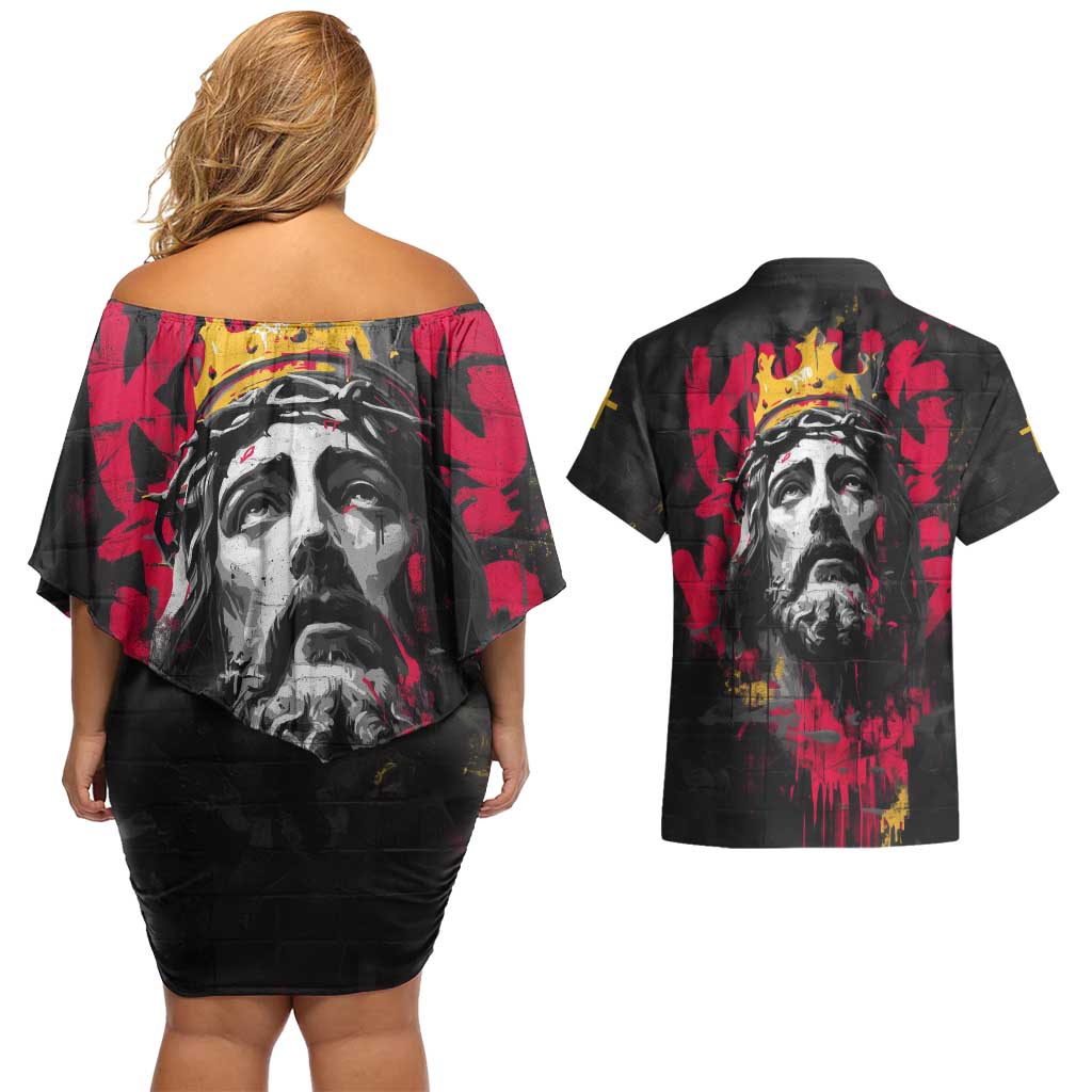 Jesus Graffiti Design Couples Matching Off Shoulder Short Dress and Hawaiian Shirt Crowned Portrait and Urban Street Art Style in Red Yellow Black Theme - Wonder Print Shop