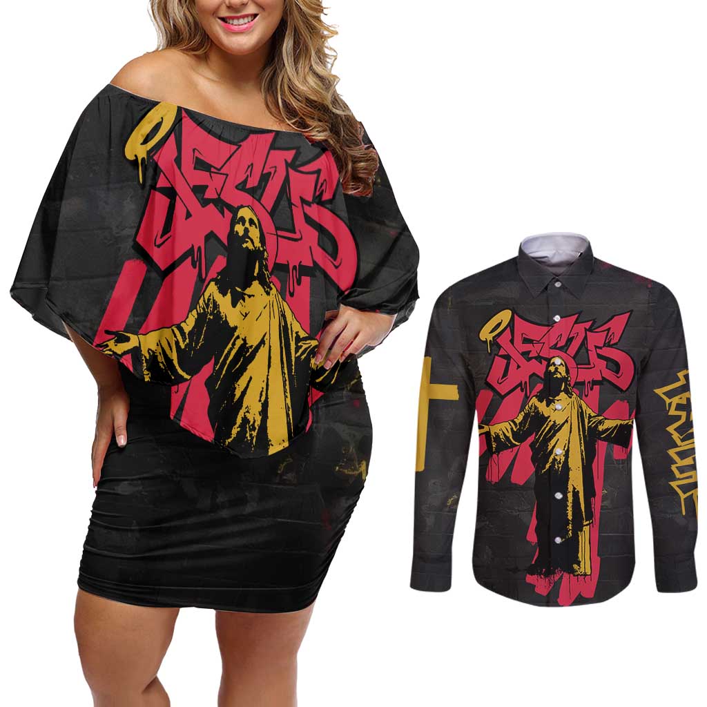 Jesus Graffiti Design Couples Matching Off Shoulder Short Dress and Long Sleeve Button Shirt Crowned Portrait and Urban Street Art Style in Red Yellow Black Theme - Wonder Print Shop
