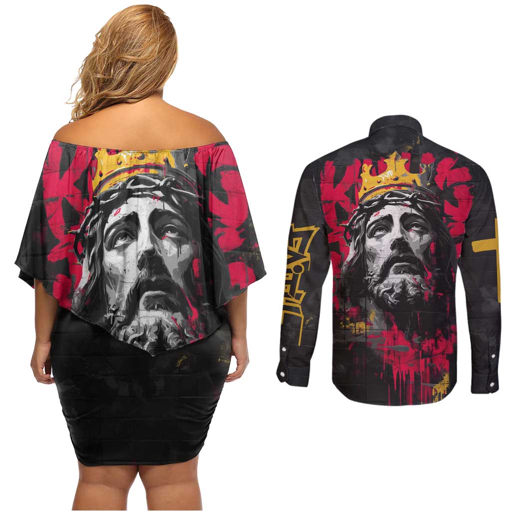 Jesus Graffiti Design Couples Matching Off Shoulder Short Dress and Long Sleeve Button Shirt Crowned Portrait and Urban Street Art Style in Red Yellow Black Theme - Wonder Print Shop