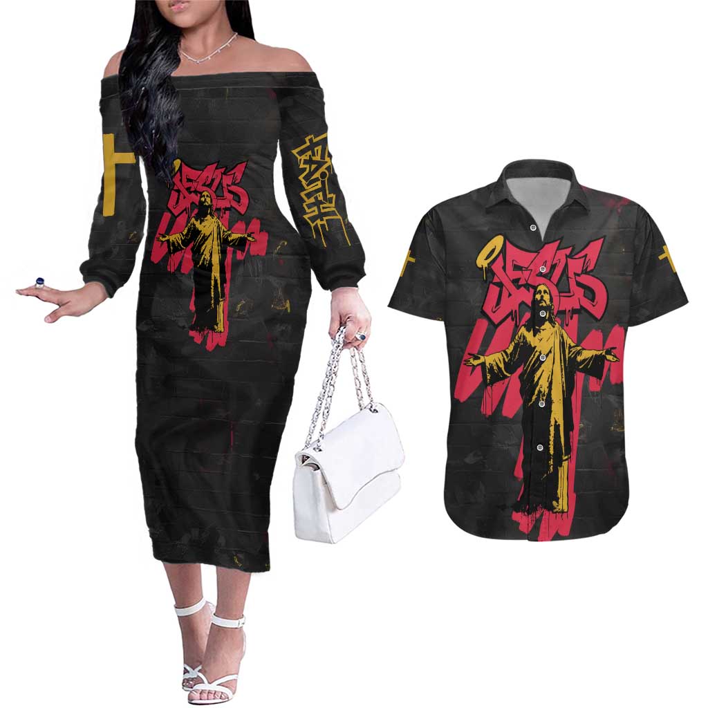 Jesus Graffiti Design Couples Matching Off The Shoulder Long Sleeve Dress and Hawaiian Shirt Crowned Portrait and Urban Street Art Style in Red Yellow Black Theme - Wonder Print Shop