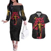 Jesus Graffiti Design Couples Matching Off The Shoulder Long Sleeve Dress and Hawaiian Shirt Crowned Portrait and Urban Street Art Style in Red Yellow Black Theme - Wonder Print Shop