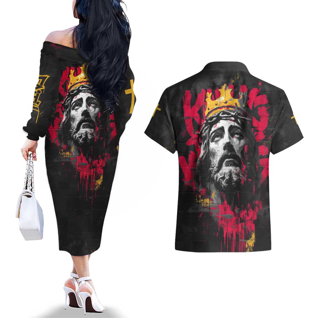 Jesus Graffiti Design Couples Matching Off The Shoulder Long Sleeve Dress and Hawaiian Shirt Crowned Portrait and Urban Street Art Style in Red Yellow Black Theme - Wonder Print Shop