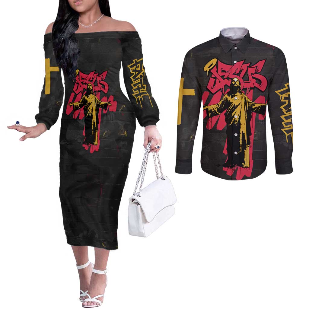 Jesus Graffiti Design Couples Matching Off The Shoulder Long Sleeve Dress and Long Sleeve Button Shirt Crowned Portrait and Urban Street Art Style in Red Yellow Black Theme - Wonder Print Shop