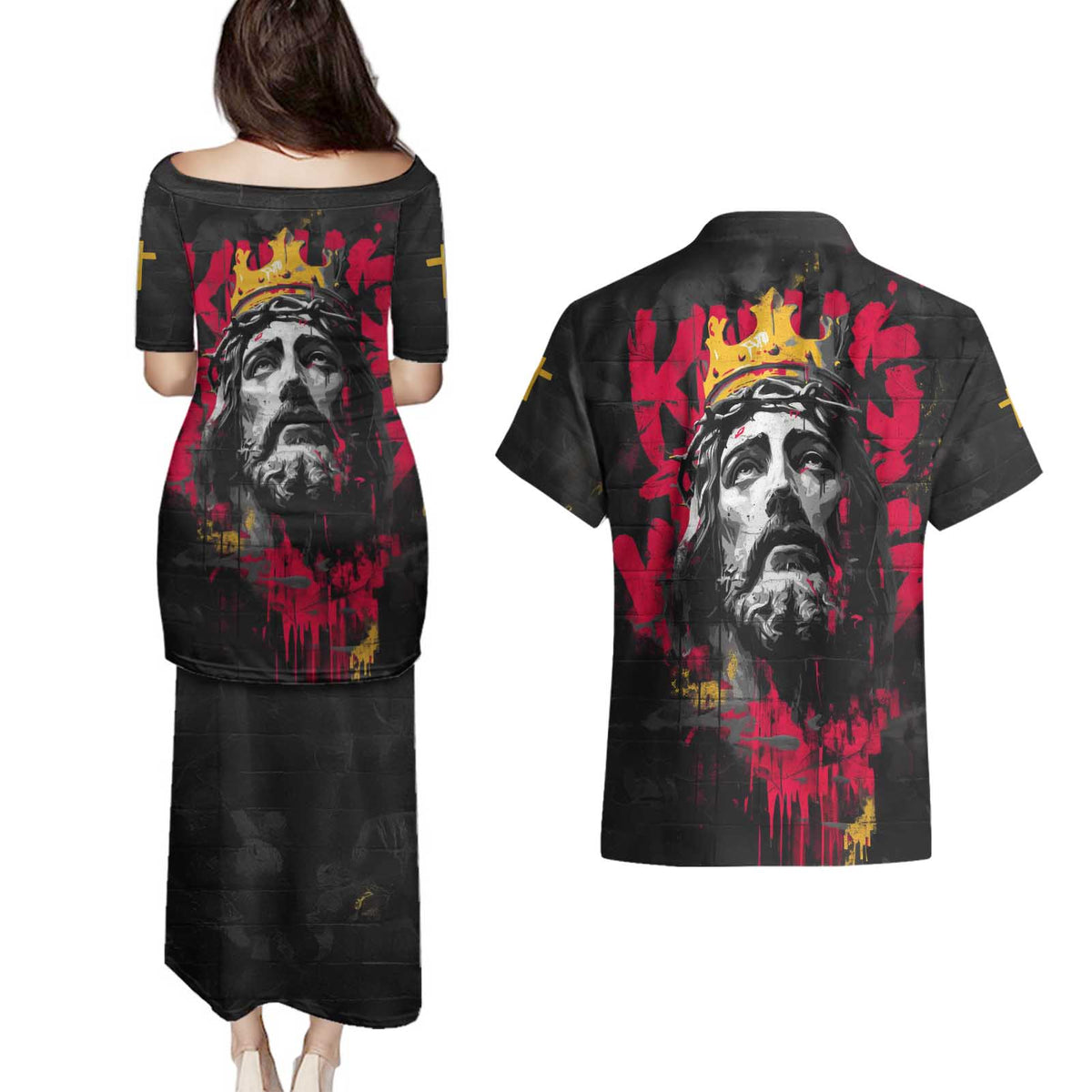 Jesus Graffiti Design Couples Matching Puletasi and Hawaiian Shirt Crowned Portrait and Urban Street Art Style in Red Yellow Black Theme - Wonder Print Shop