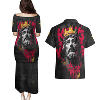 Jesus Graffiti Design Couples Matching Puletasi and Hawaiian Shirt Crowned Portrait and Urban Street Art Style in Red Yellow Black Theme - Wonder Print Shop