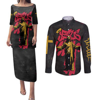 Jesus Graffiti Design Couples Matching Puletasi and Long Sleeve Button Shirt Crowned Portrait and Urban Street Art Style in Red Yellow Black Theme - Wonder Print Shop