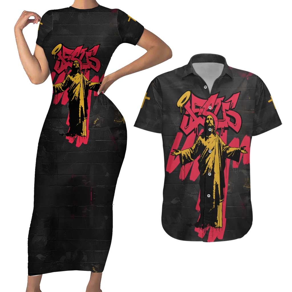 Jesus Graffiti Design Couples Matching Short Sleeve Bodycon Dress and Hawaiian Shirt Crowned Portrait and Urban Street Art Style in Red Yellow Black Theme - Wonder Print Shop
