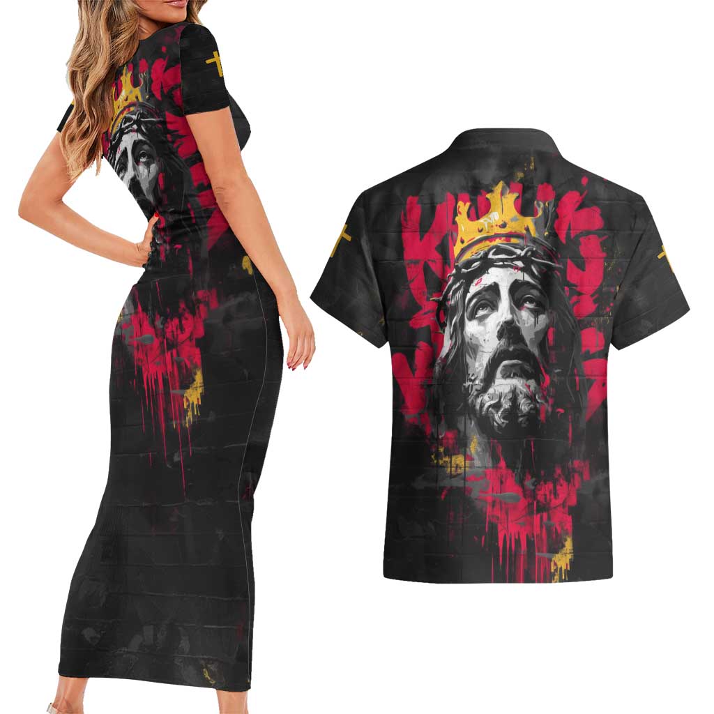 Jesus Graffiti Design Couples Matching Short Sleeve Bodycon Dress and Hawaiian Shirt Crowned Portrait and Urban Street Art Style in Red Yellow Black Theme - Wonder Print Shop