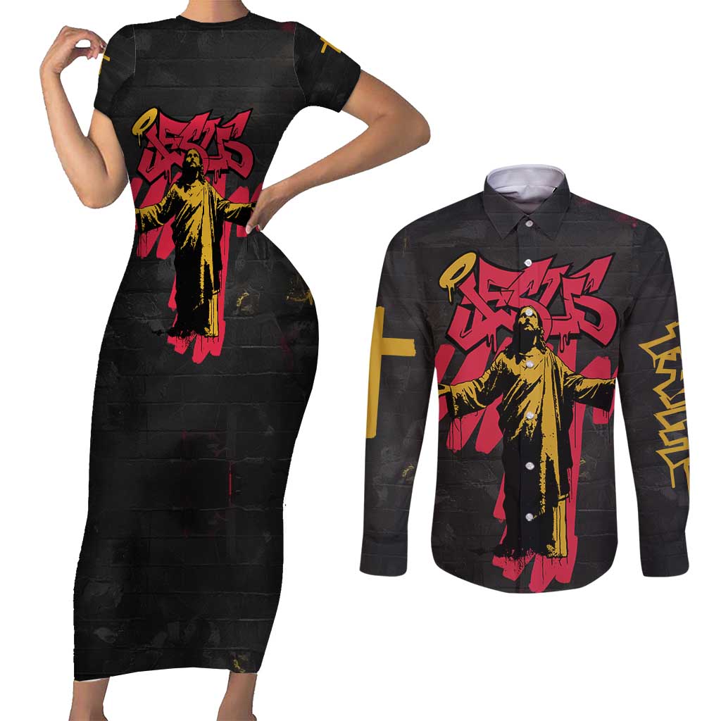 Jesus Graffiti Design Couples Matching Short Sleeve Bodycon Dress and Long Sleeve Button Shirt Crowned Portrait and Urban Street Art Style in Red Yellow Black Theme - Wonder Print Shop