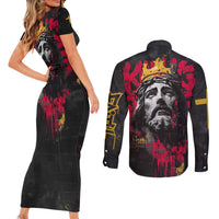 Jesus Graffiti Design Couples Matching Short Sleeve Bodycon Dress and Long Sleeve Button Shirt Crowned Portrait and Urban Street Art Style in Red Yellow Black Theme - Wonder Print Shop