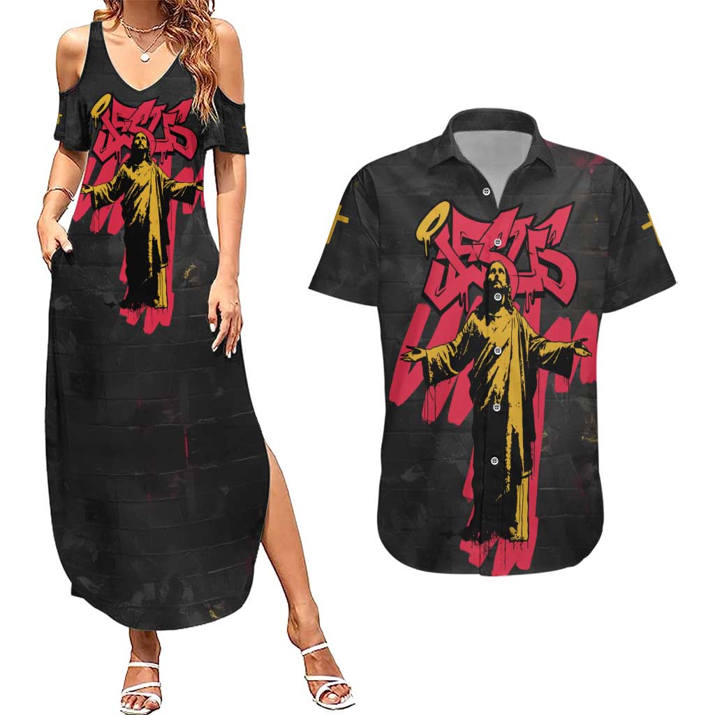Jesus Graffiti Design Couples Matching Summer Maxi Dress and Hawaiian Shirt Crowned Portrait and Urban Street Art Style in Red Yellow Black Theme - Wonder Print Shop