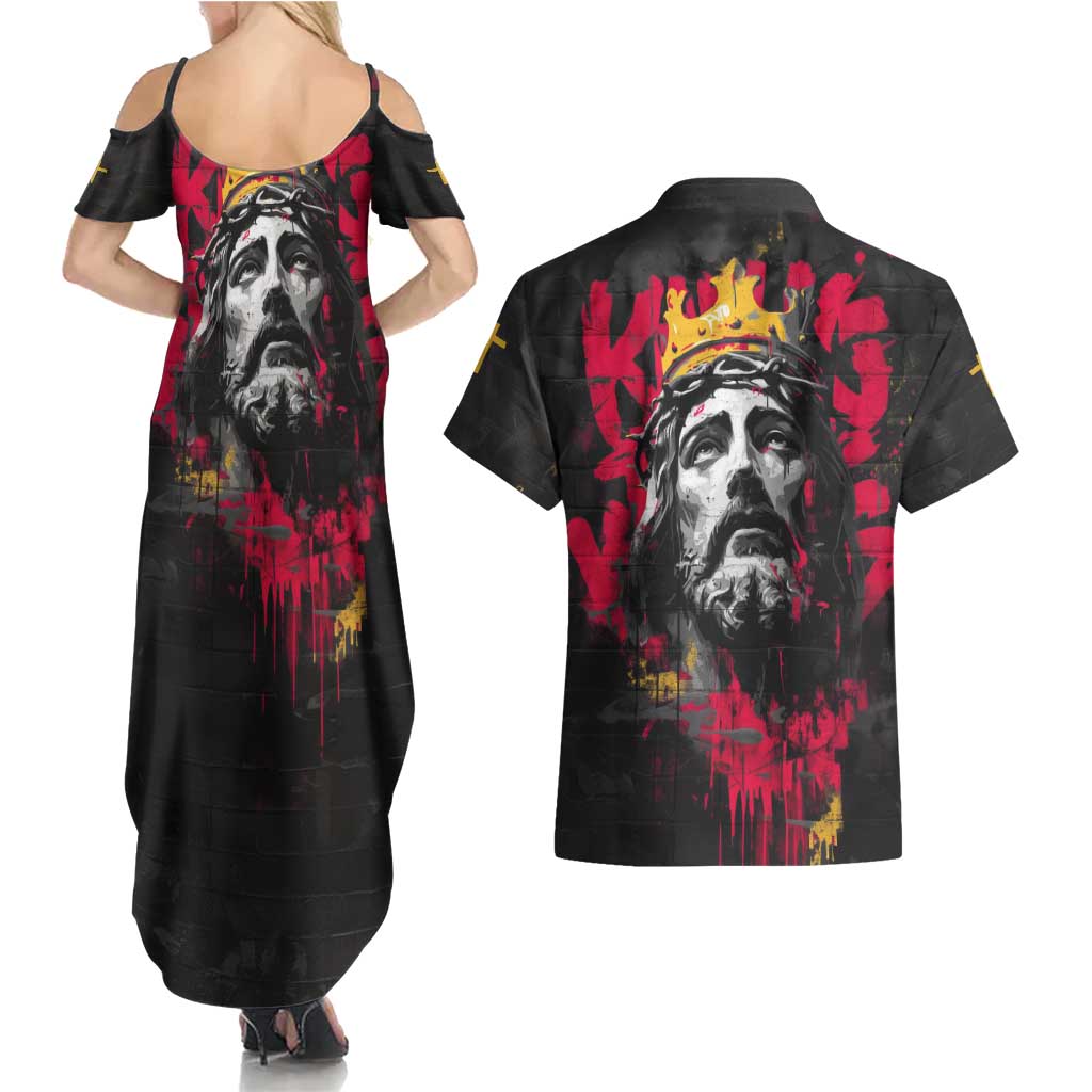 Jesus Graffiti Design Couples Matching Summer Maxi Dress and Hawaiian Shirt Crowned Portrait and Urban Street Art Style in Red Yellow Black Theme - Wonder Print Shop
